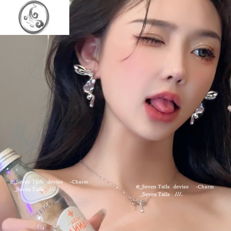 JiMi甜辣风金属半边蝴蝶结耳环女个性夸张长款冷淡风耳钉网红新款耳饰