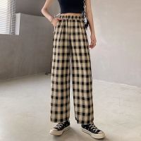 阔腿裤女休闲裤2021新款韩版学生港风百搭宽松高腰直筒休闲宽松显 黑色格子 S 建议90斤内