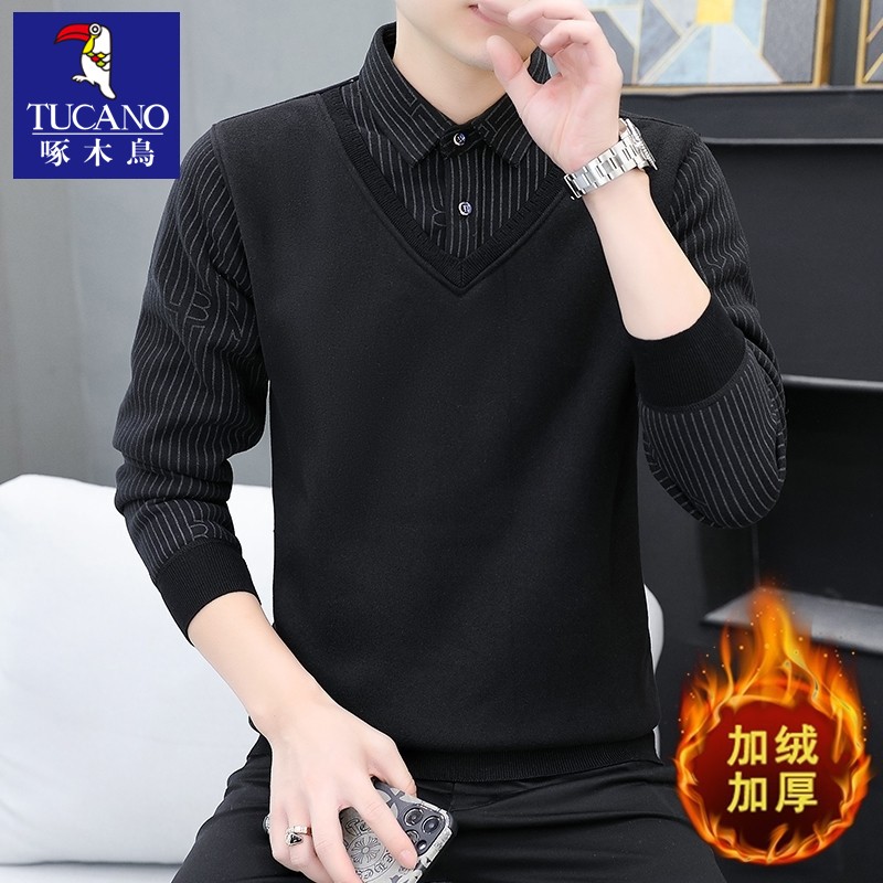 啄木鸟加绒加厚毛衣男士假两件2024新款冬季衬衫领保暖针织打底衫 黑色826加绒加厚 XL适合120斤-135斤穿