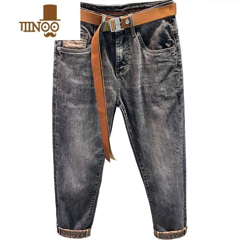 YANXU牛仔裤男2022年新款高端潮牌九分修身小脚痞帅韩版潮流裤子男高清大图