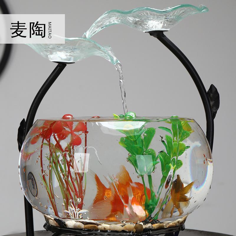 美帮汇家居小型客厅玻璃鱼缸流水器活水养鱼摆件陶瓷喷泉静水泵