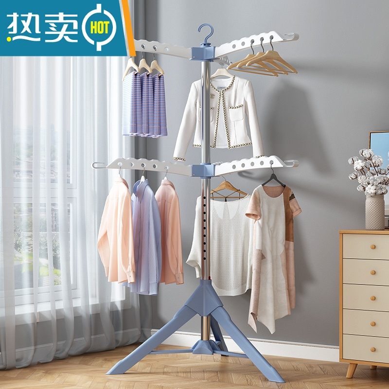 敬平晾衣架落地折叠卧室内凉衣服家用可伸缩晾衣杆阳台婴儿晒衣架器 碳钢管-绿白♥3防风翅♥可升降旋转♥送防风夹 大高清大图