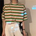 条纹T恤女装夏季新款短袖宽松韩版学生复古港风ins百搭上衣服 M 绿粉条纹