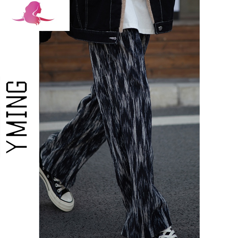 艳如飞「YM」扎染休闲阔腿裤女春季新款高腰垂感显瘦百搭直筒宽松长裤子休闲裤