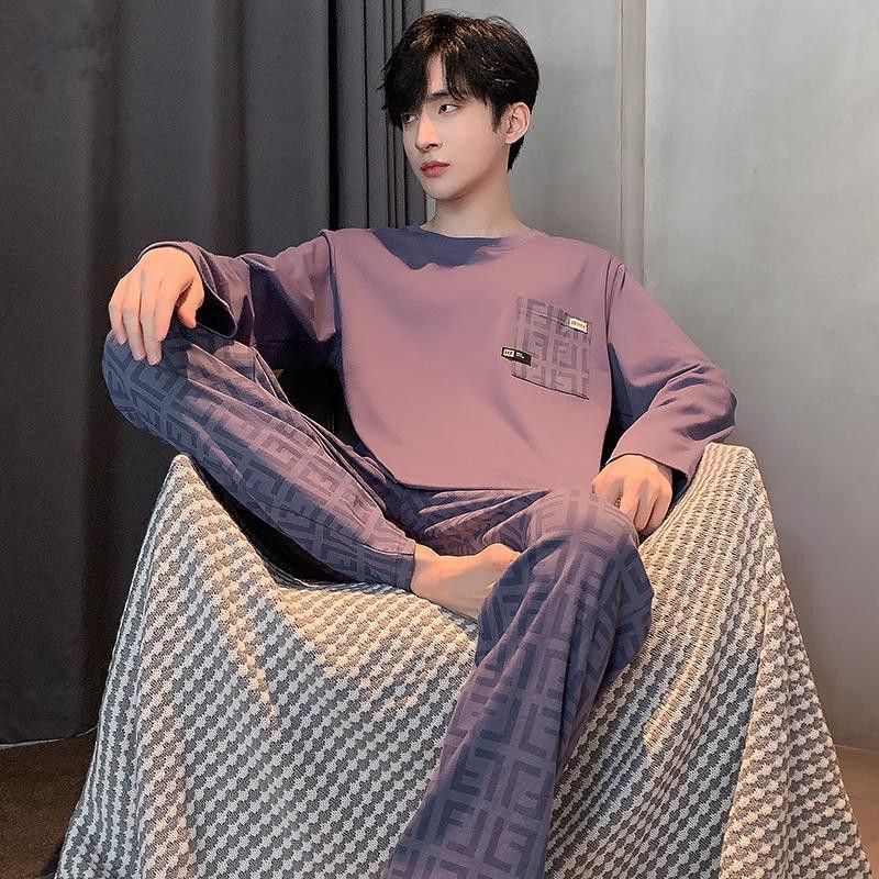 男士睡衣长袖春秋季新款圆领加大码宽松高档家居服套装男高清大图