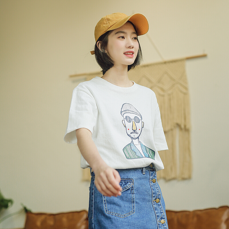 2018春新款女装韩版宽松印花圆领打底衫学生纯色上衣短袖T恤白色
