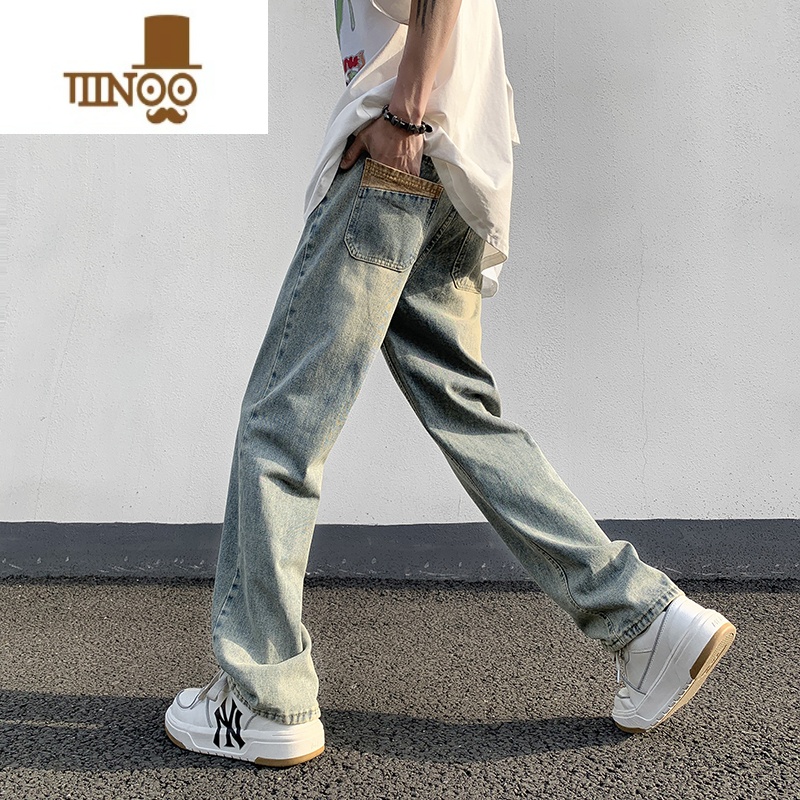 YANXU美式复古牛仔裤男宽松直筒裤子高街潮牌百搭水洗做旧阔腿休闲长裤高清大图
