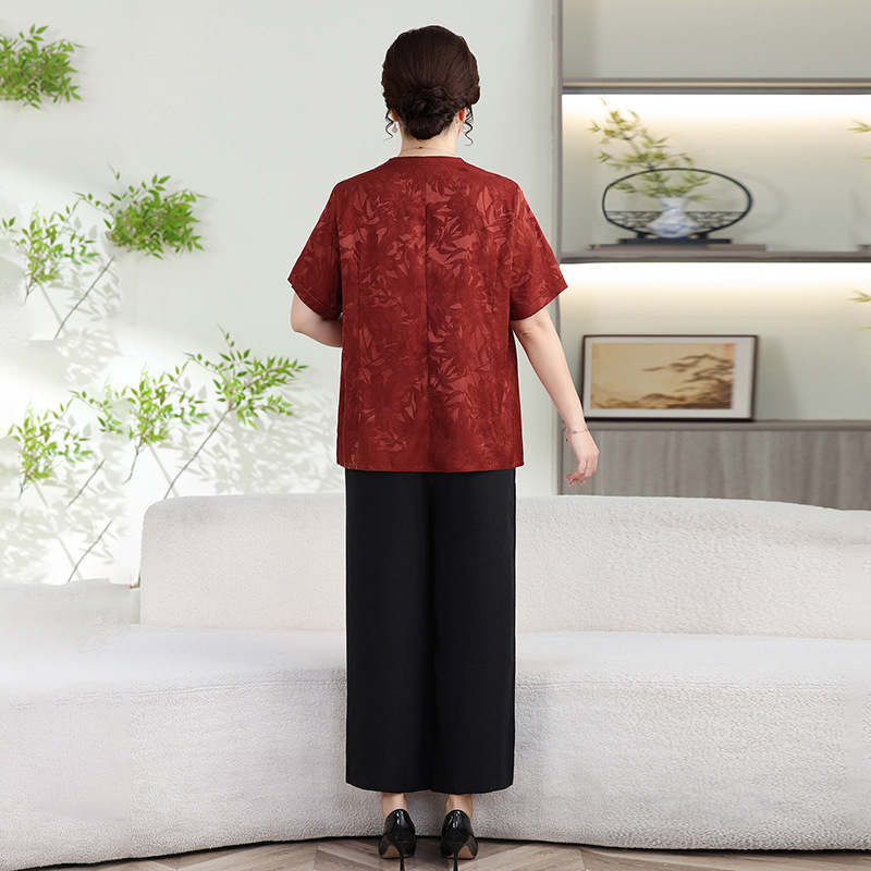 纤孜雅 夏季妈妈印花短袖两件套新款中老年加肥加大上衣裤子套装婆婆高清大图