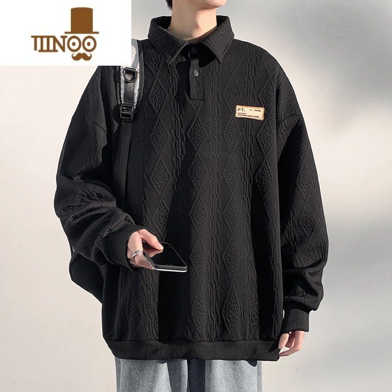 YANXU长袖Polo衫卫衣男士新款潮牌休闲宽松翻领情侣提花百搭上衣 黑色 L