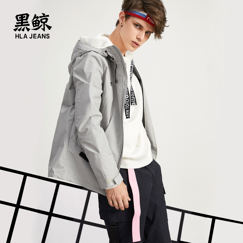 黑鲸简约连帽夹克秋季男装字母印花休闲外套男