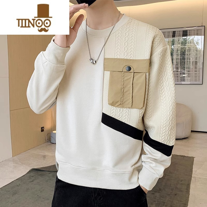 YANXU2023新款圆领卫衣男宽松百搭撞色拼接潮牌无帽套头衫上衣服