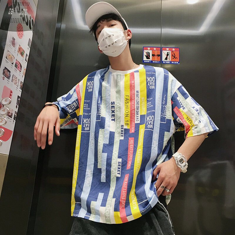 2018夏装日系原宿撞色条纹中袖体恤港风半袖休闲五分短袖T恤男潮yy