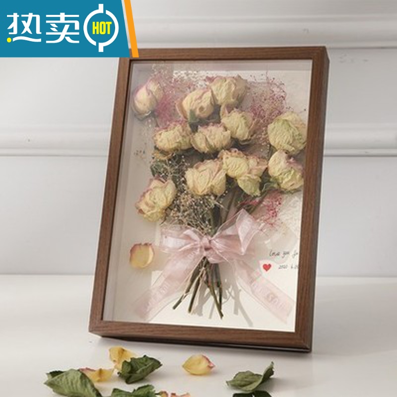 敬平干花中空相框立体diy礼物植物标本干玫瑰花月亮框永生花花束保存 咖色中空3cm 订阅收藏送珍珠 大12寸25*30送高清大图