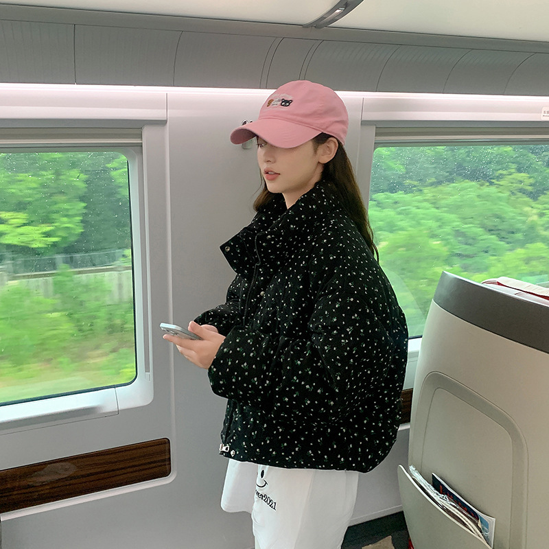 灯芯绒碎花短款棉服女2024新款立领面包服韩系时尚百搭厚棉袄外套