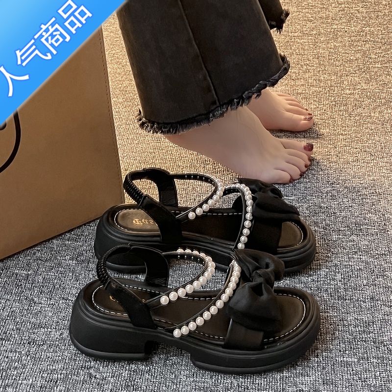 SUNTEK厚底凉鞋女2023年夏季新款时尚百搭复古蝴蝶结珍珠仙女气质沙滩鞋高清大图