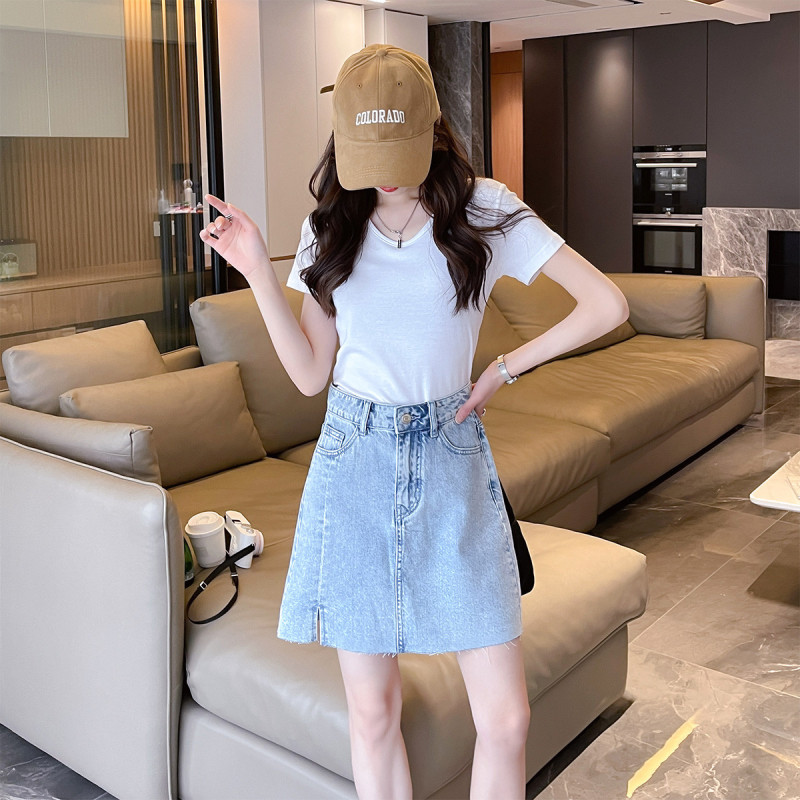 [2.5折价73元]唐狮半身裙女夏季高腰显瘦牛仔裙下摆开叉A字裙时尚气质