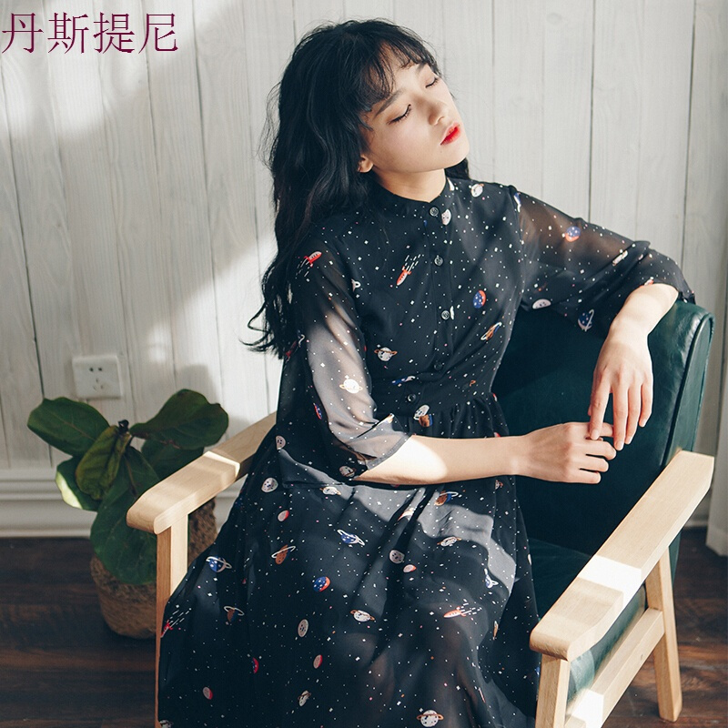 温柔裙超仙收腰仙女裙及踝长裙女夏学生森系碎花裙黑色雪纺连衣裙黑色