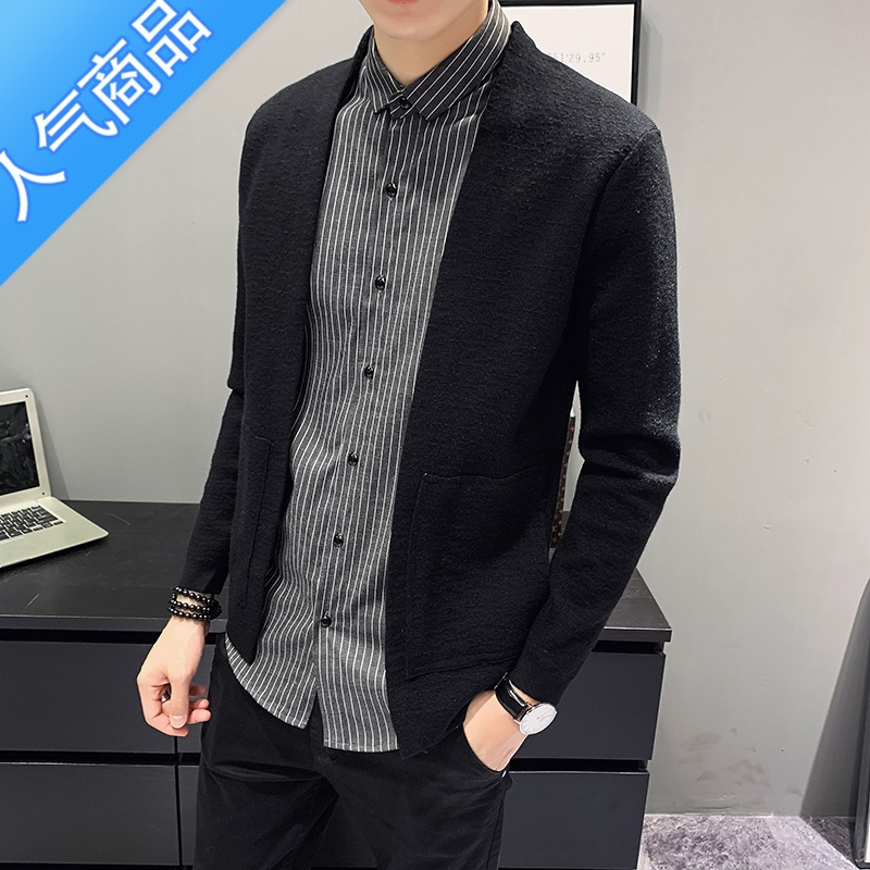 SUNTEK假两件针织毛衣开衫男潮流外套2021秋冬男士修身个性衬衫拼接上衣