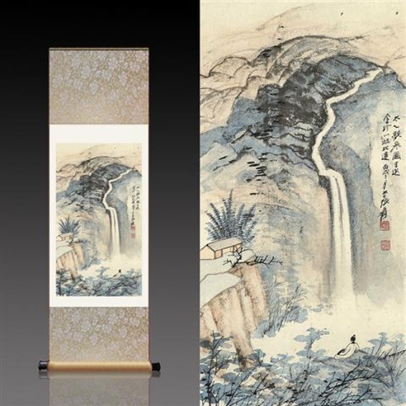 栗色张大千太乙观泉 170*70 张大千月桂飘香丝绸画卷轴画办公室挂画国画古董书法字画装饰画