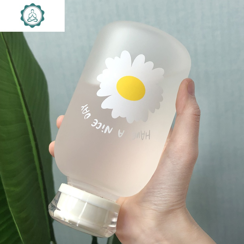 耐热玻璃杯女磨砂水杯韩版可爱便携夏天吸管杯子创意潮流男生水瓶 封后 透明六朵雏菊(裸杯)+小圆镜+杯刷