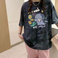 韩版扎染卡通短袖女夏季新款日系风休闲宽松百搭印花T恤上衣 L 黑色