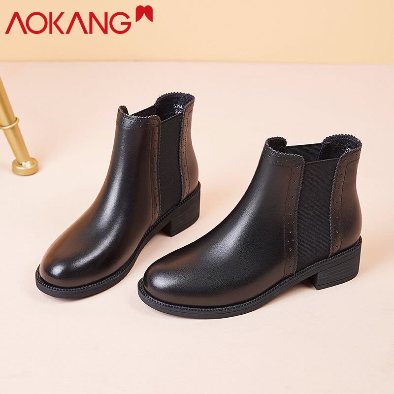 奥康女鞋切尔西短靴女牛皮雕花踝靴小皮鞋英伦风粗跟单靴子图片