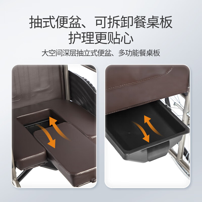 鱼跃轮椅H058B钢管加固软座护理带座便可折叠老人坐便轮椅车皮革护理型/高清大图