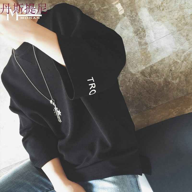 夏季宽松7七分袖T恤男短袖韩版bf风半袖卫衣青少年学生潮流上衣服
