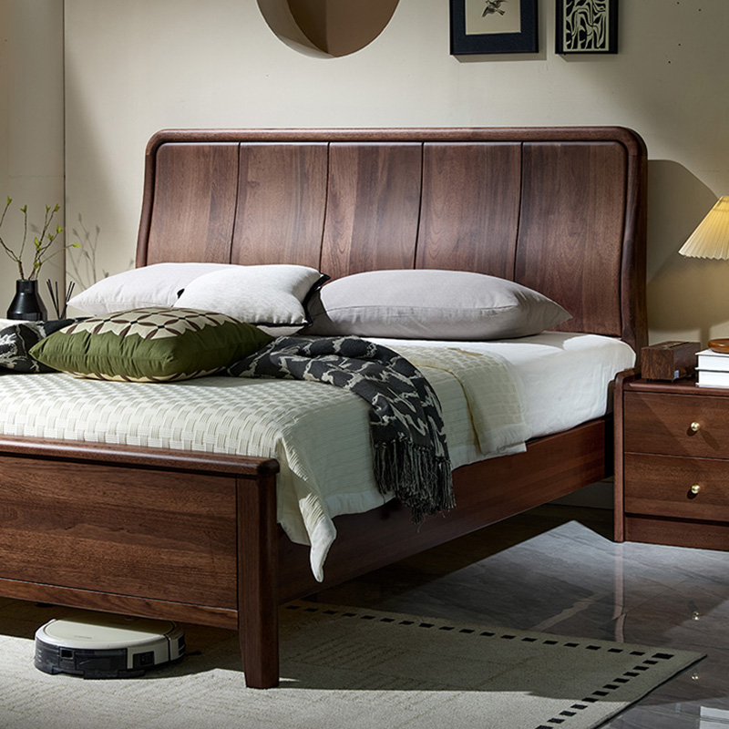 青木川 简约现代胡桃木实木床1.8米双人床1.5米x2m主卧室房间小户型家用休闲成人结婚榫卯床架床铺高清大图