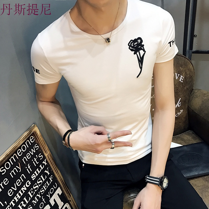 17夏季新款短袖T恤男韩版修身打底衫刺绣夜店时尚半袖体恤男装潮