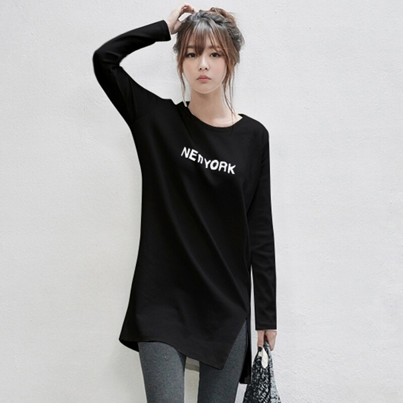 迪鲁奥(DILUAO)新款女装白色衬衫袖棉恤女2021早秋装新款韩版中长款宽松大码上衣打底衫