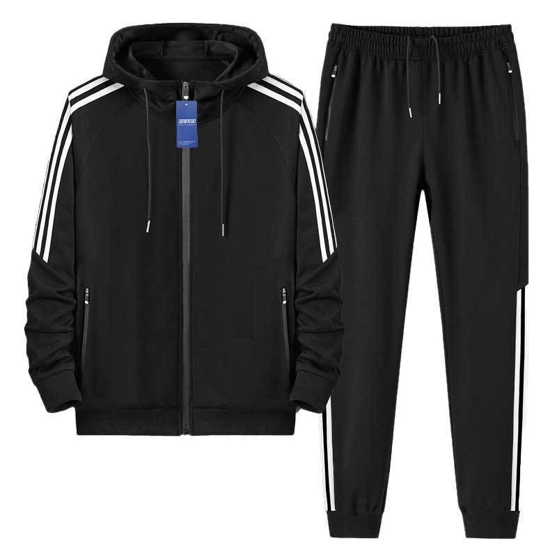 安居先森2023男款连帽上衣三条杠经典运动套装户外运动服休闲服95%棉