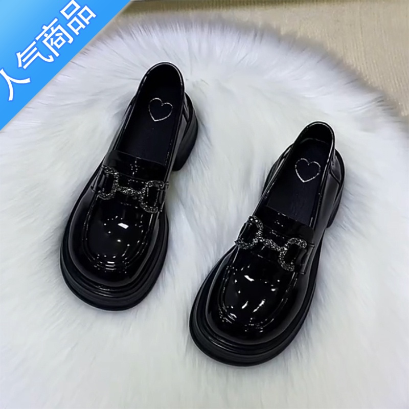 SUNTEK漆皮乐福鞋女2023春秋新款百搭松糕厚底小皮鞋增高软底小圆头单鞋