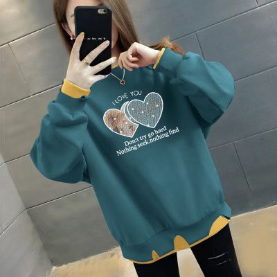 假两件秋冬款上衣时尚不规则宽松显瘦ins加绒/不加绒百搭女士卫衣 2XL建议140-160斤 薄款-透明爱心【青蓝色】