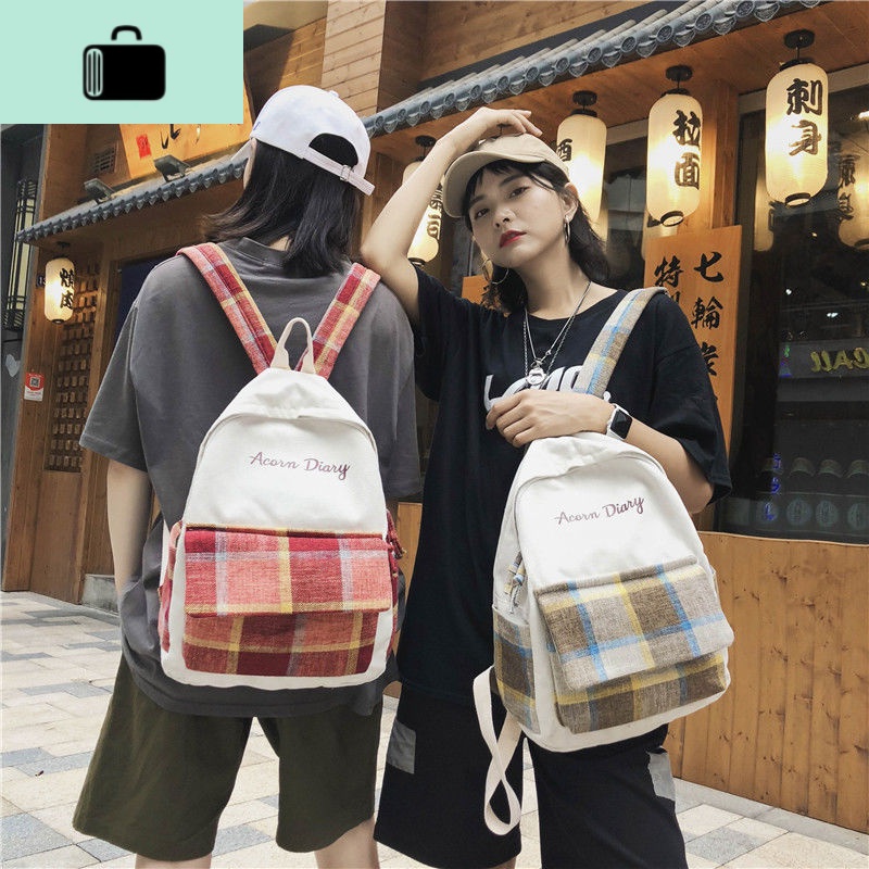 书包女学生韩版初中高中学生大容量格子双肩包古着感少女帆布背包NEW LAKE高清大图
