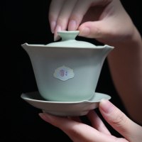 东道 汝窑 青瓷陶瓷套装茶具 莲心茶组 一盖碗六杯 开片可养 天青色