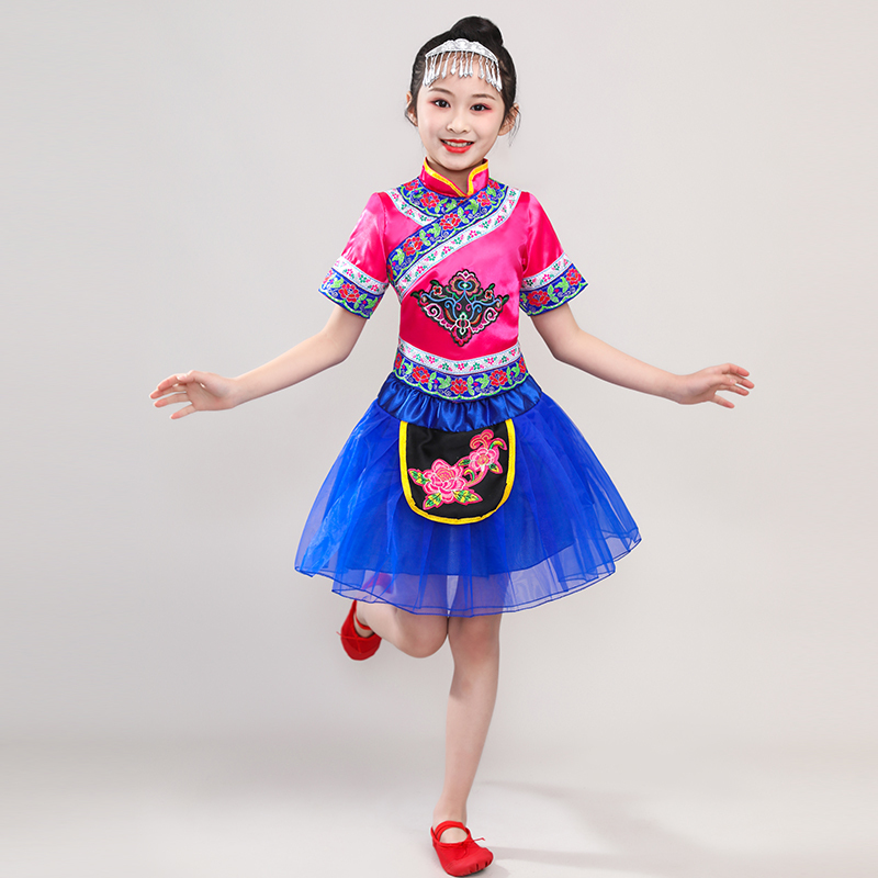 女款玫红色a款110儿童壮族服装广西三月三舞蹈演出服壮族表演服男童