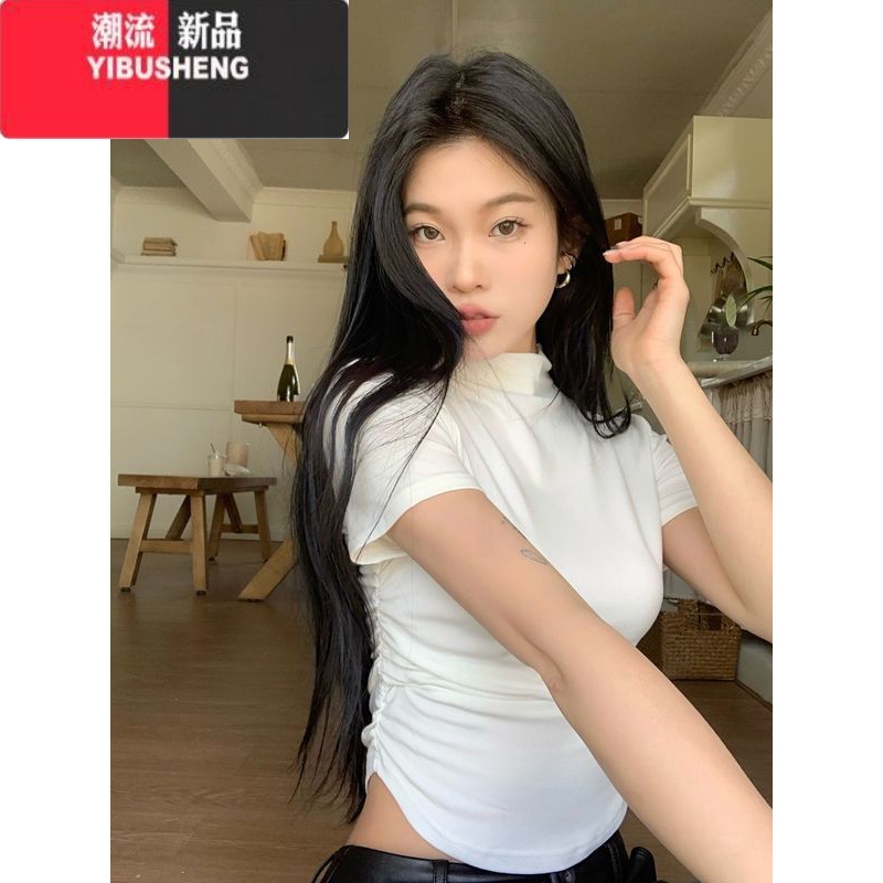 YIBUSHENG短款修身黑色半高领内搭打底衫女季辣妹设计感紧身短袖N黑色身高清大图