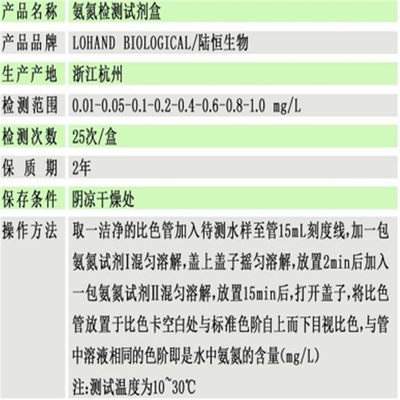 陆恒生物 氨氮检测试剂盒 氨氮检测试纸0-20ml/L