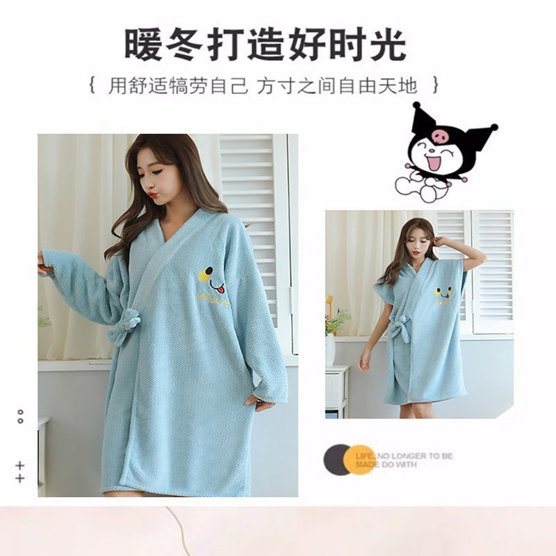 冬季加厚珊瑚绒浴袍菠萝格可穿浴巾加大加厚吸水速干柔软冬季浴裙高清大图