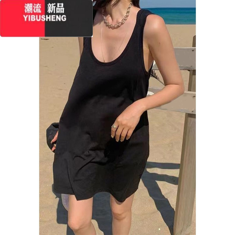 YIBUSHENG特大码300斤性感低胸吊带背心裙女小胖MM百搭宽松休闲连衣裙季2