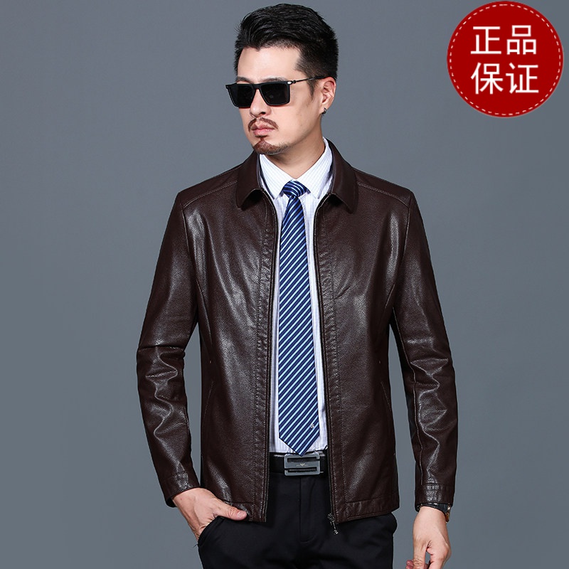 免费试穿加绒皮衣男冬季加厚外套翻领百搭休闲皮夹克4050岁爸爸60衣服大码2021冬装新_131 180 浅棕色(红棕）