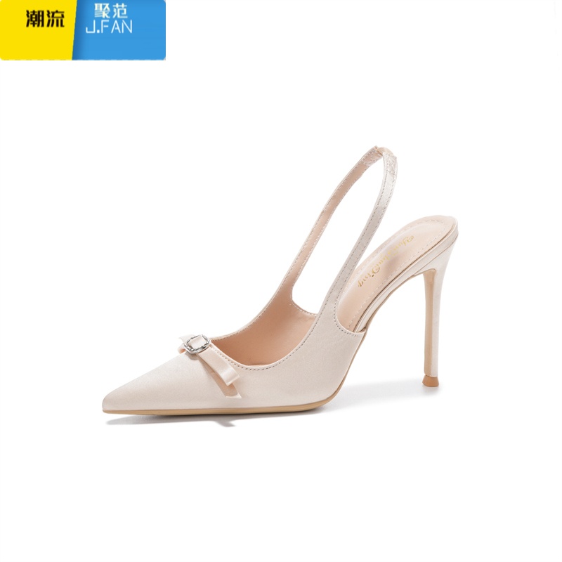 聚范香槟色高跟鞋女细跟2024新款尖头蝴蝶结法式气质名媛缎面单鞋高清大图