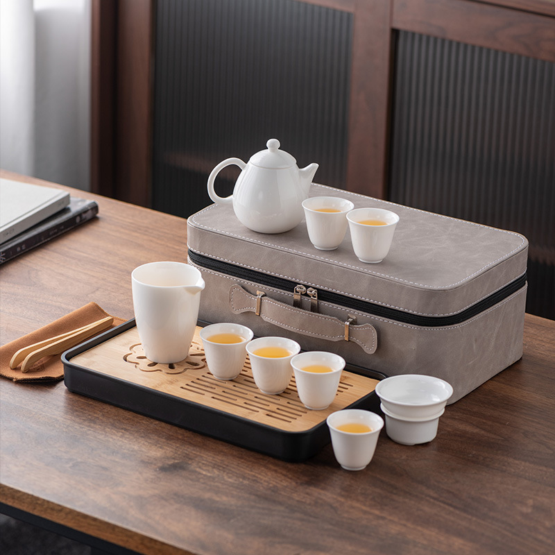 羊脂玉瓷旅行功夫茶具套装便携快客茶壶茶杯茶盘商务节日礼品-龙胆玉瓷壶/手提包/白高清大图