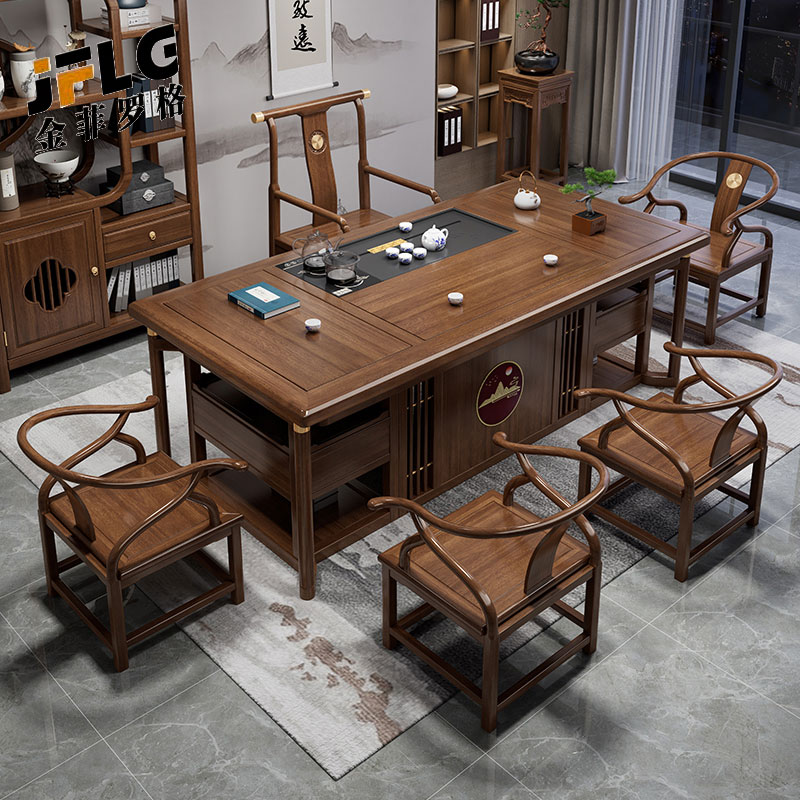 苏宁 金菲罗格 新中式实木茶桌椅组合 1.8米万里江山+1状元椅+4仿圈椅