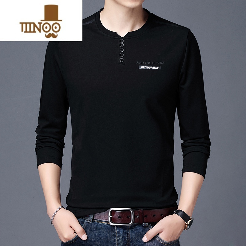 YANXU加肥加大码长袖T恤男士宽松中年丝光棉夏季薄款卫衣圆领纯色速干高清大图