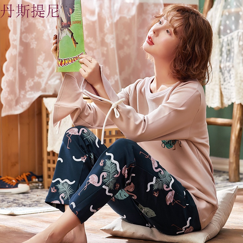 ins风睡衣女秋天薄款纯棉长袖套装可外穿夏季火烈鸟家居服春秋季