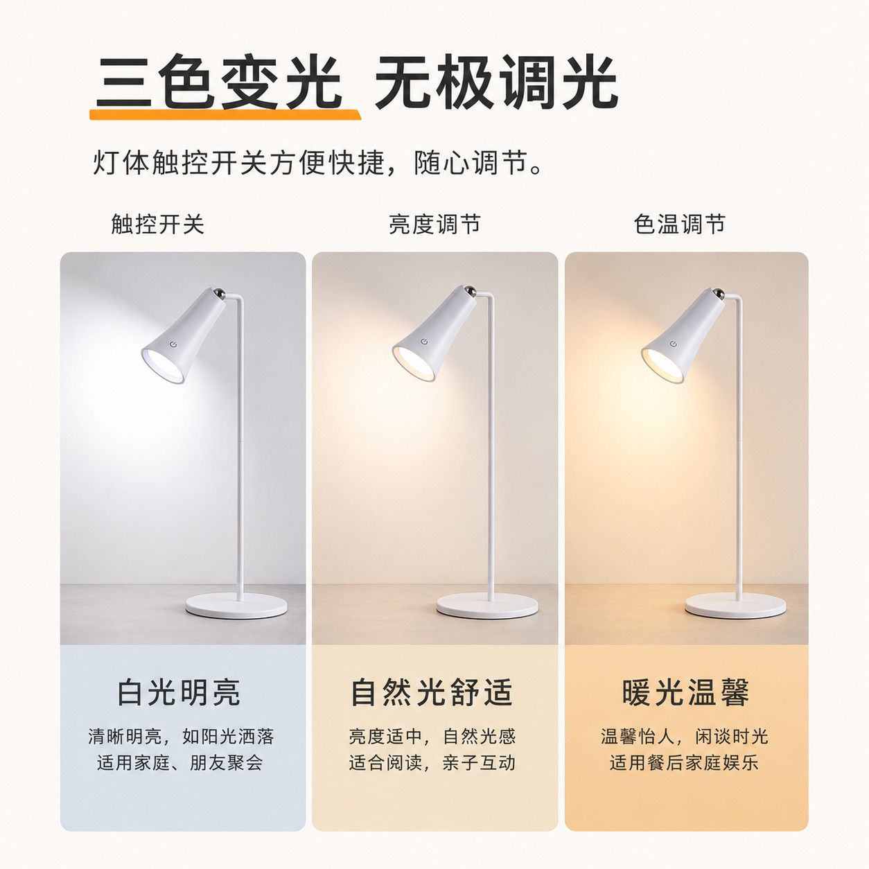 多功能台灯护眼长续航床头免接线 标准白色款[应急手电+桌面台灯]高清大图