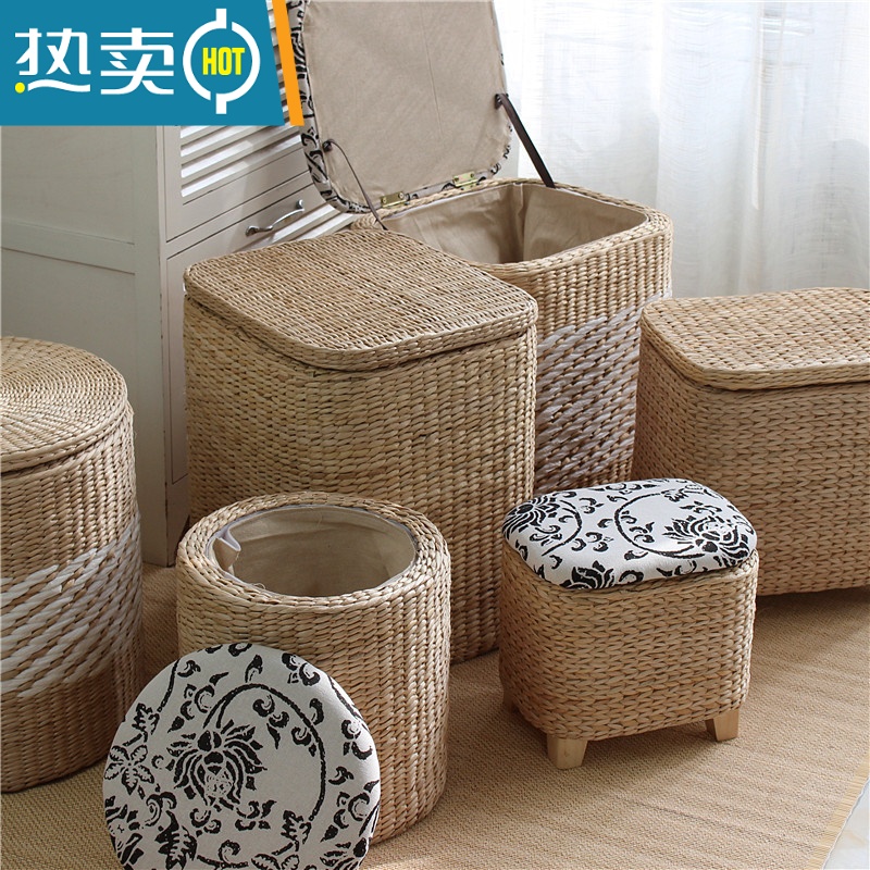 敬平藤编收纳凳子储物凳沙发凳客厅小凳子穿鞋凳实木家用门口换鞋凳高清大图
