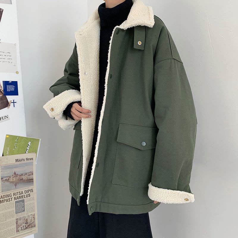 BaLuoShang2020冬季新款羔毛外套男加绒加厚韩版潮流帅气宽松摇粒绒棉衣潮风衣图片